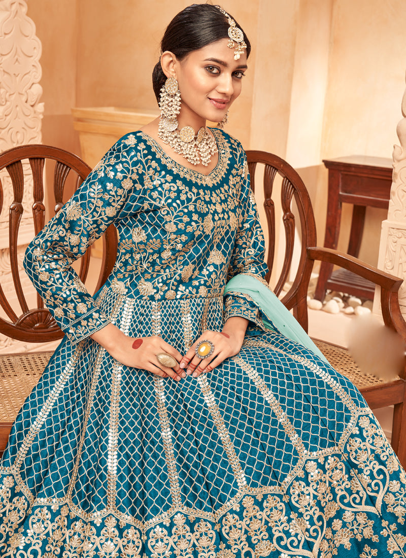 Turquoise Art Silk Embroidered Anarkali Suit Set