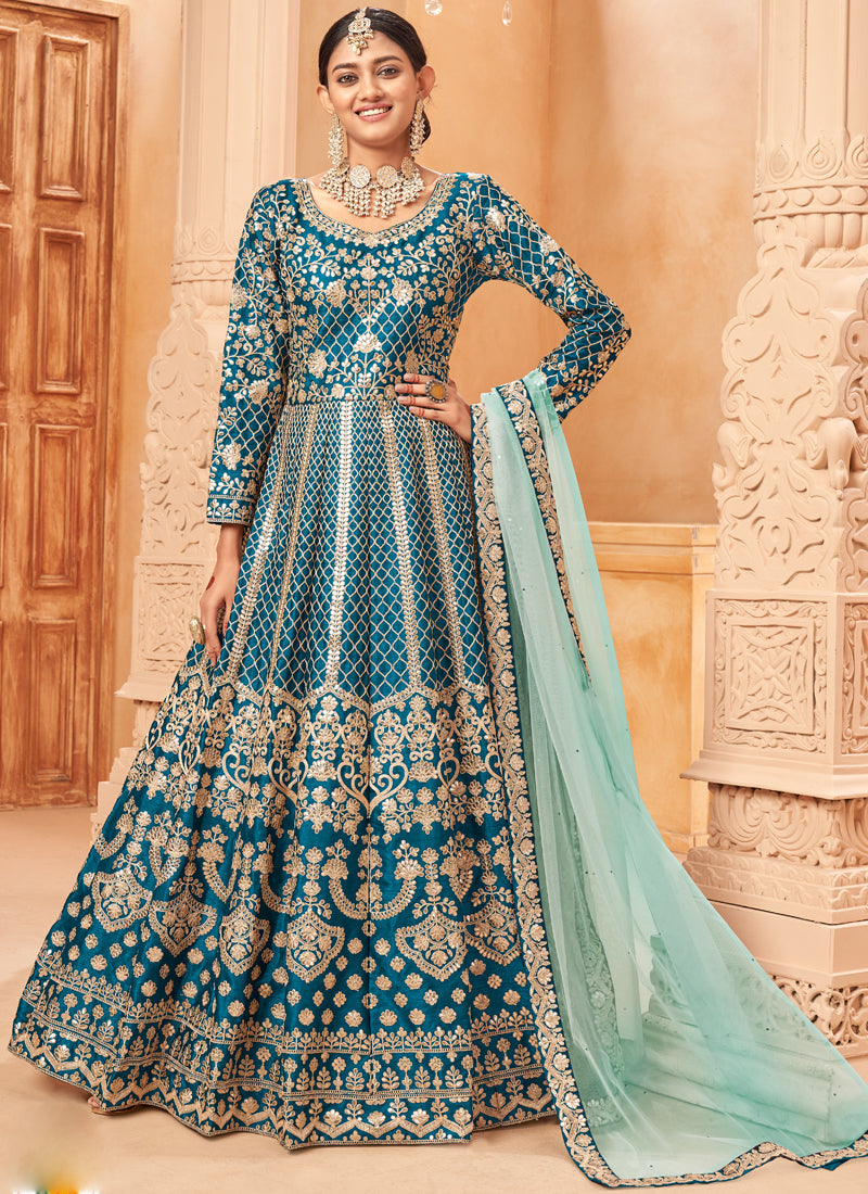 Turquoise Art Silk Anarkali Suit with embroidery