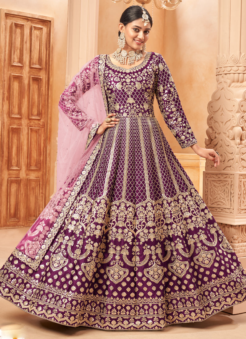Wine Art Silk Embroidered Anarkali Suit for Special Occasions