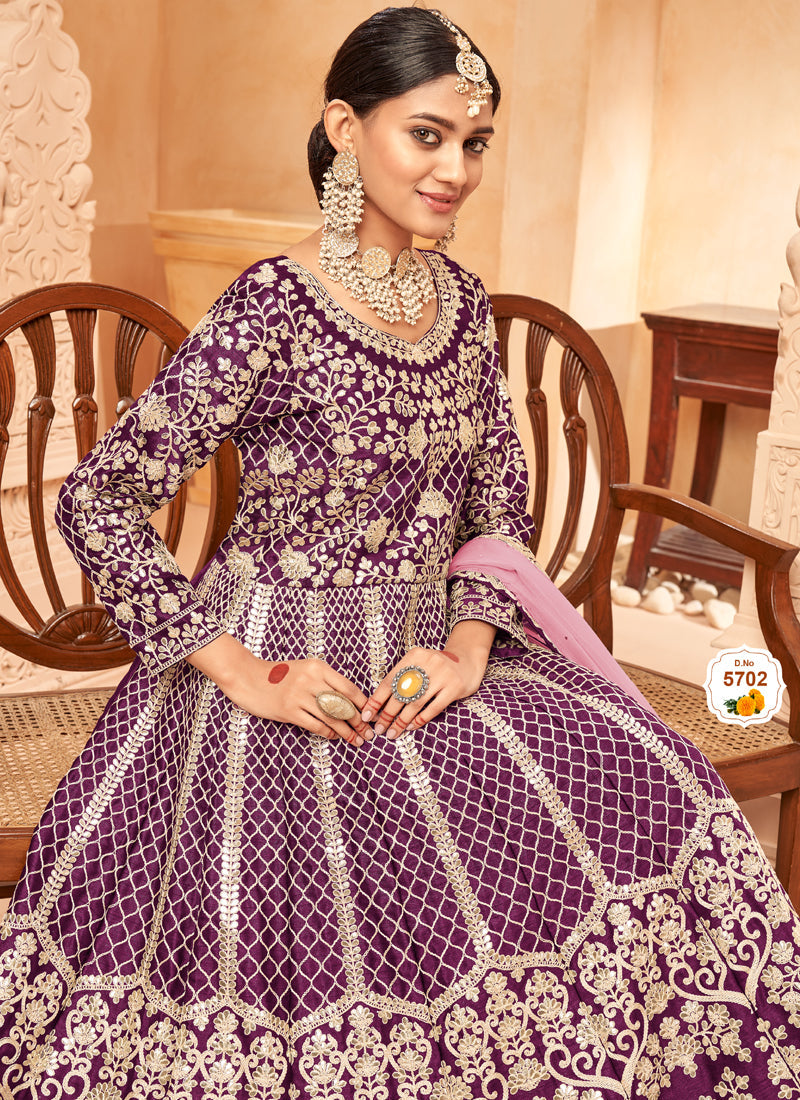 Wine Art Silk Embroidered Anarkali Suit for Special Occasions