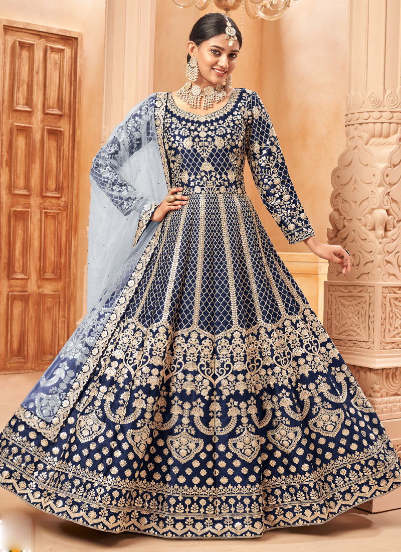 Navy Blue Art Silk Anarkali Suit Set with Elegant Embroidery