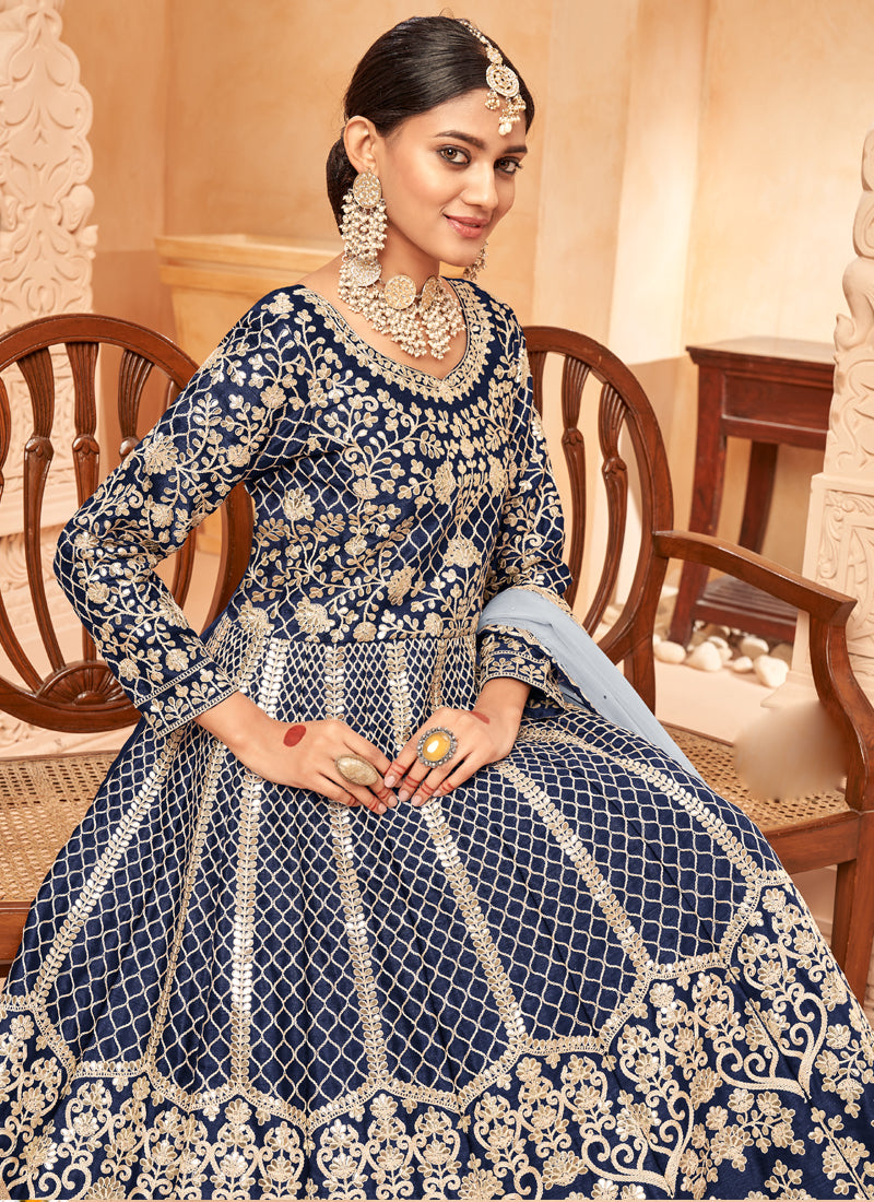 Navy Blue Art Silk Anarkali Suit Set with Elegant Embroidery