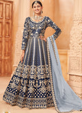 Navy blue embroidered art silk Anarkali suit with matching dupatta and bottom.
