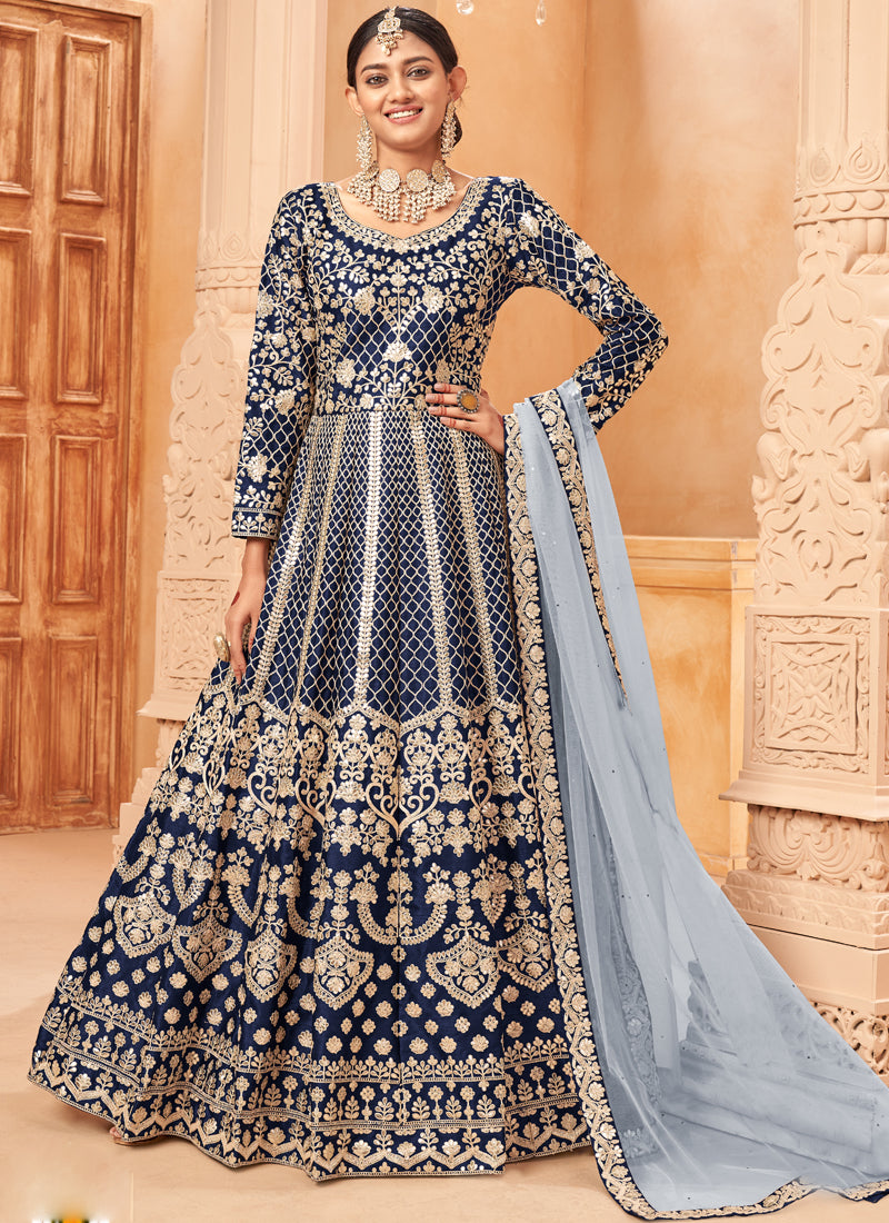 Navy blue embroidered art silk Anarkali suit with matching dupatta and bottom.