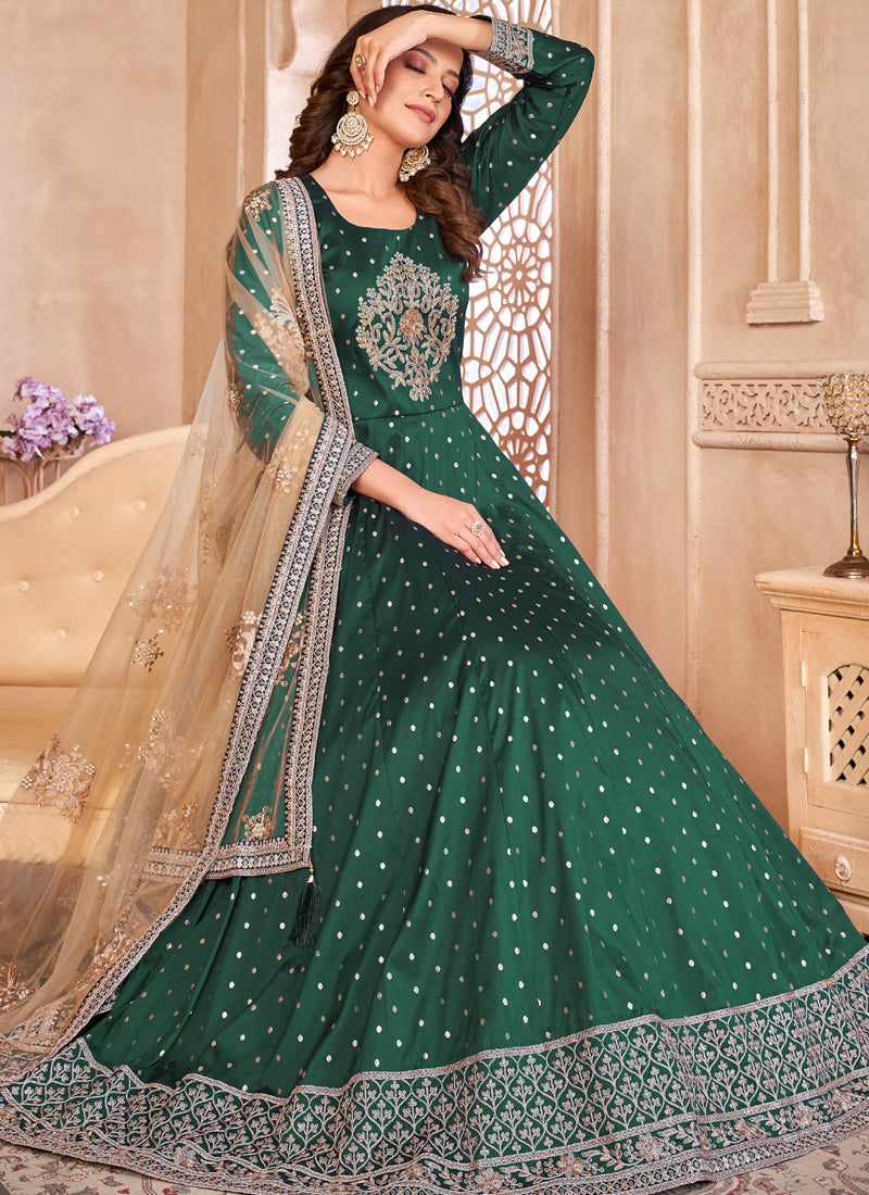 Green Taffeta Silk Embroidered Anarkali Suit Set