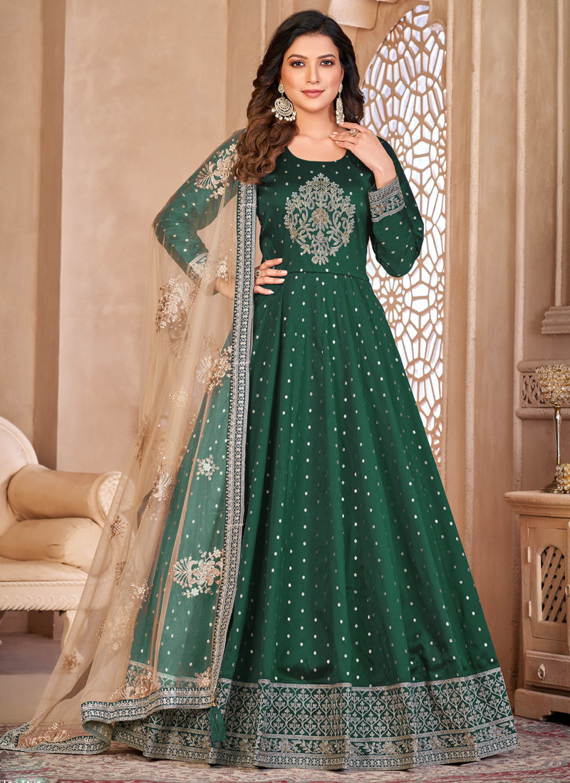 Green taffeta silk anarkali suit with elegant embroidery