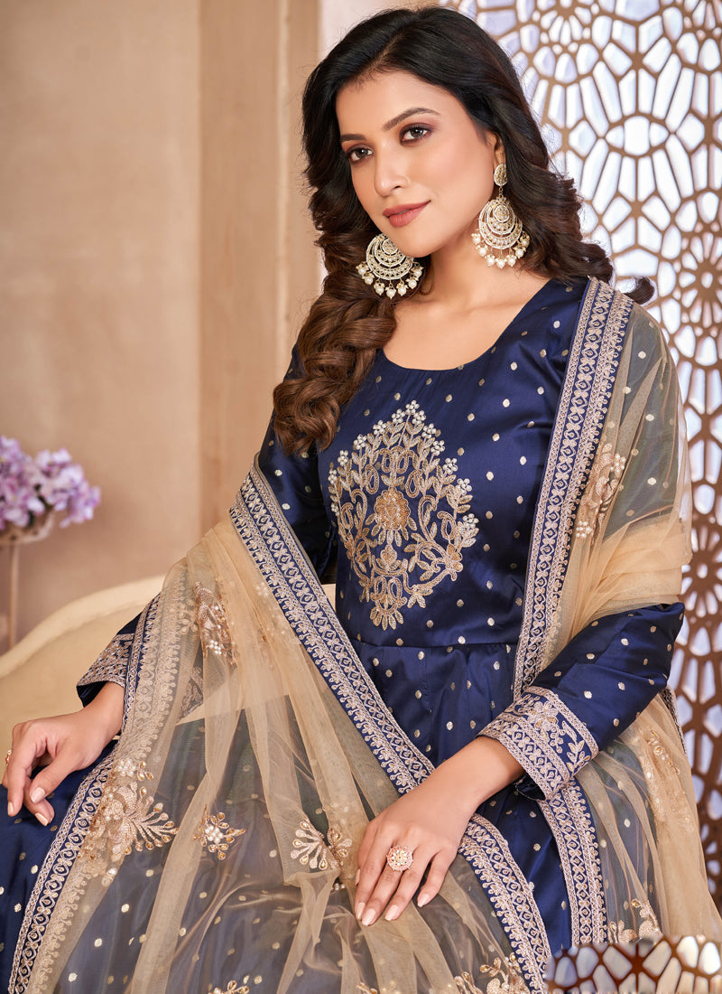 Vegaa Fashion Designer Navy Blue Tafeta Silk Embroidery Anarkali Suit