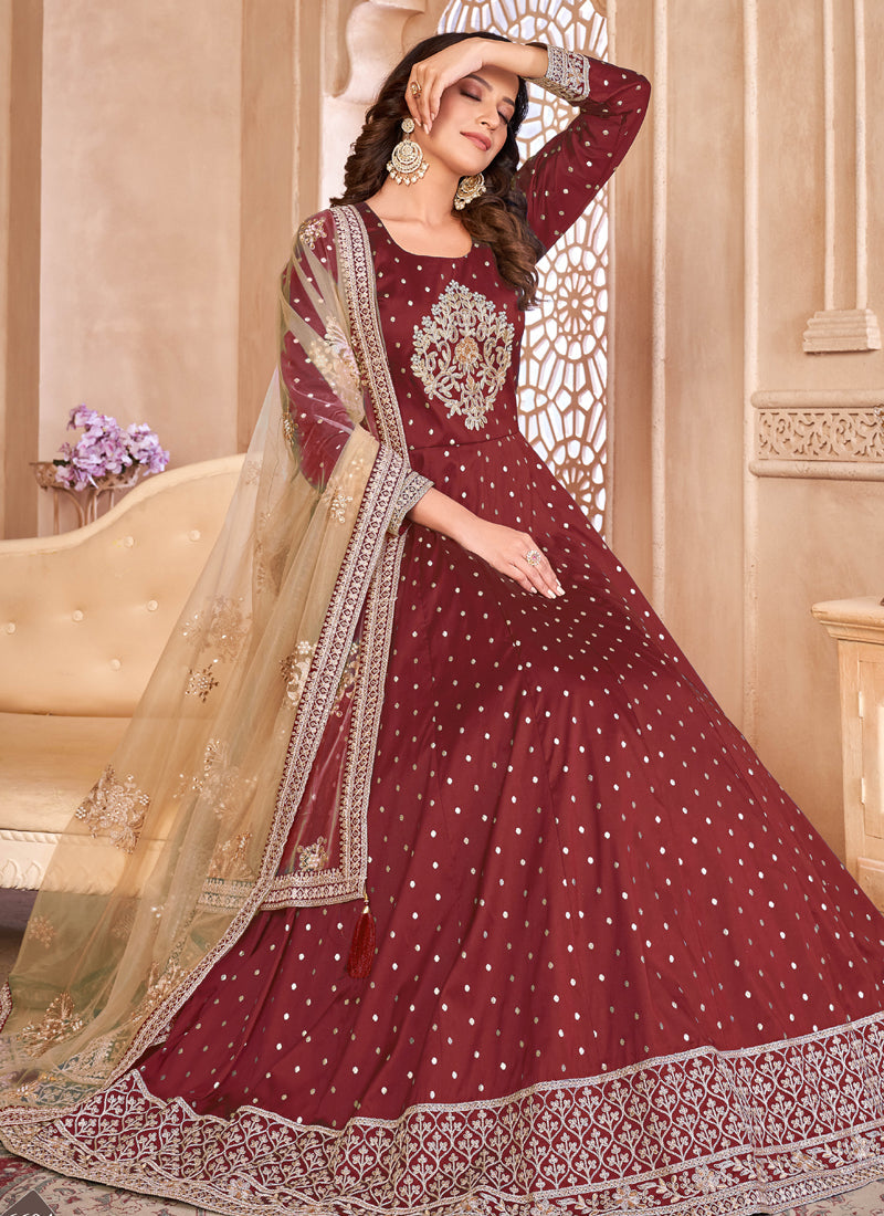 Maroon Taffeta Silk Embroidered Anarkali Suit Designer Set