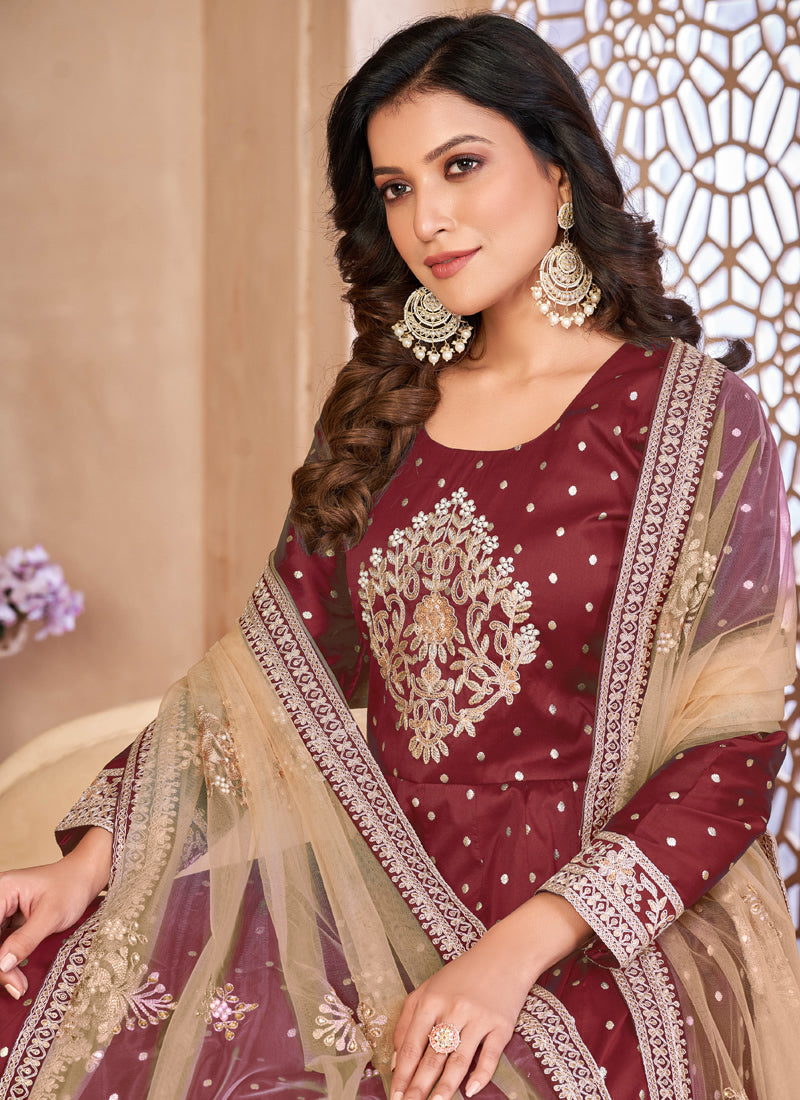 Maroon Taffeta Silk Embroidered Anarkali Suit Designer Set