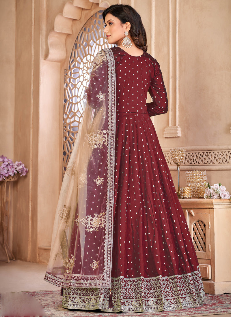 Maroon Taffeta Silk Embroidered Anarkali Suit Designer Set