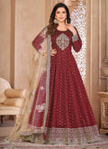 Close up of Maroon Taffeta Silk Anarkali Kurta featuring detailed gold embroidery.