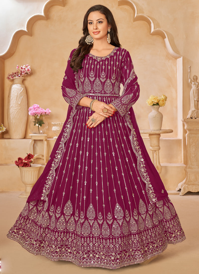 Vegaa Fashion Designer Purple Geoegette Embroidery Anarkali Suit