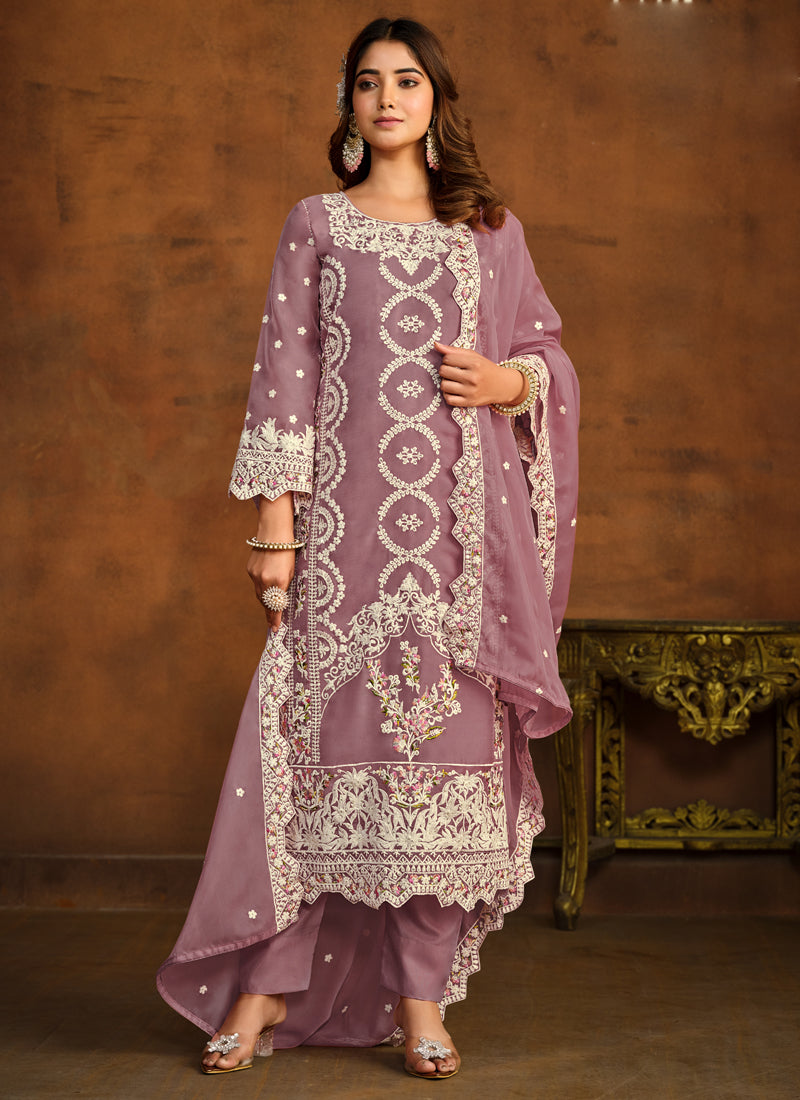 Onion Pink Soft Organza Embroidered Salwar Suit Set
