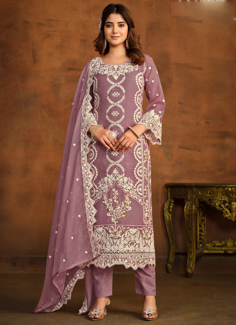 Onion Pink soft organza embroidered straight salwar suit set