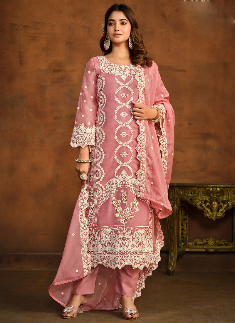 Peach Soft Organza Embroidered Straight Salwar Suit