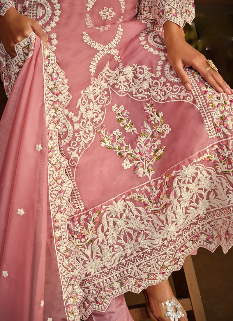 Peach Soft Organza Embroidered Straight Salwar Suit