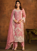 Peach soft organza straight salwar suit with intricate embroidery.