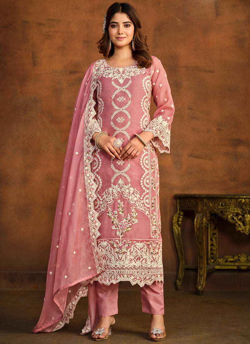 Peach soft organza straight salwar suit with intricate embroidery.