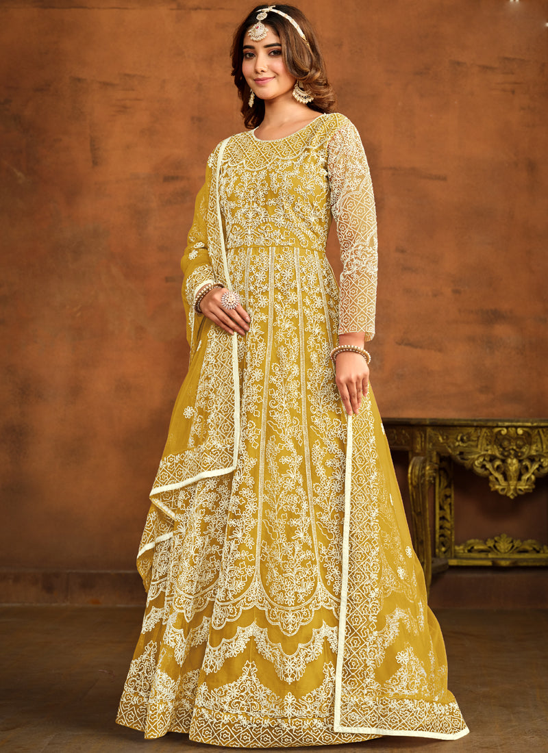 Yellow Net Embroidered Anarkali Suit Set for Festive Occasions