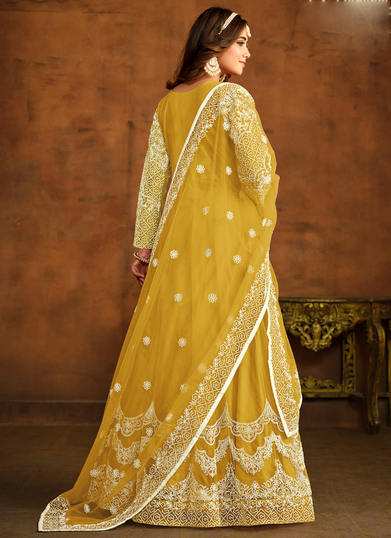 Yellow Net Embroidered Anarkali Suit Set for Festive Occasions