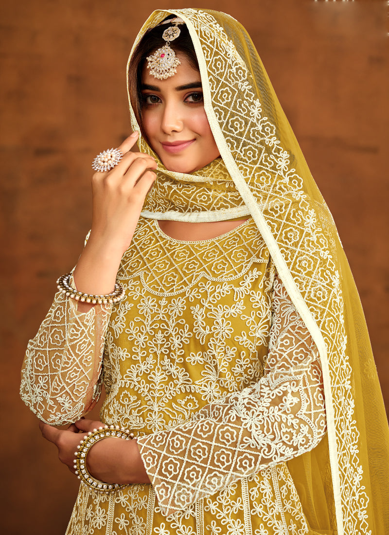 Yellow Net Embroidered Anarkali Suit Set for Festive Occasions