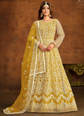 Yellow Net Anarkali Suit with intricate embroidery, front view