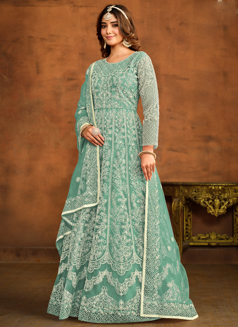 Bottel Green Net Embroidery Anarkali Suit for Special Occasions