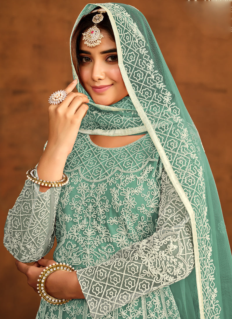 Bottel Green Net Embroidery Anarkali Suit for Special Occasions