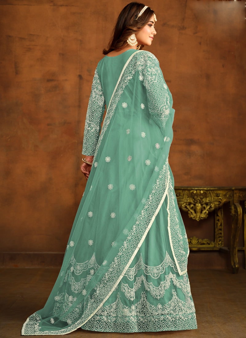 Bottel Green Net Embroidery Anarkali Suit for Special Occasions