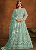 Bottel green net anarkali suit with detailed embroidery work