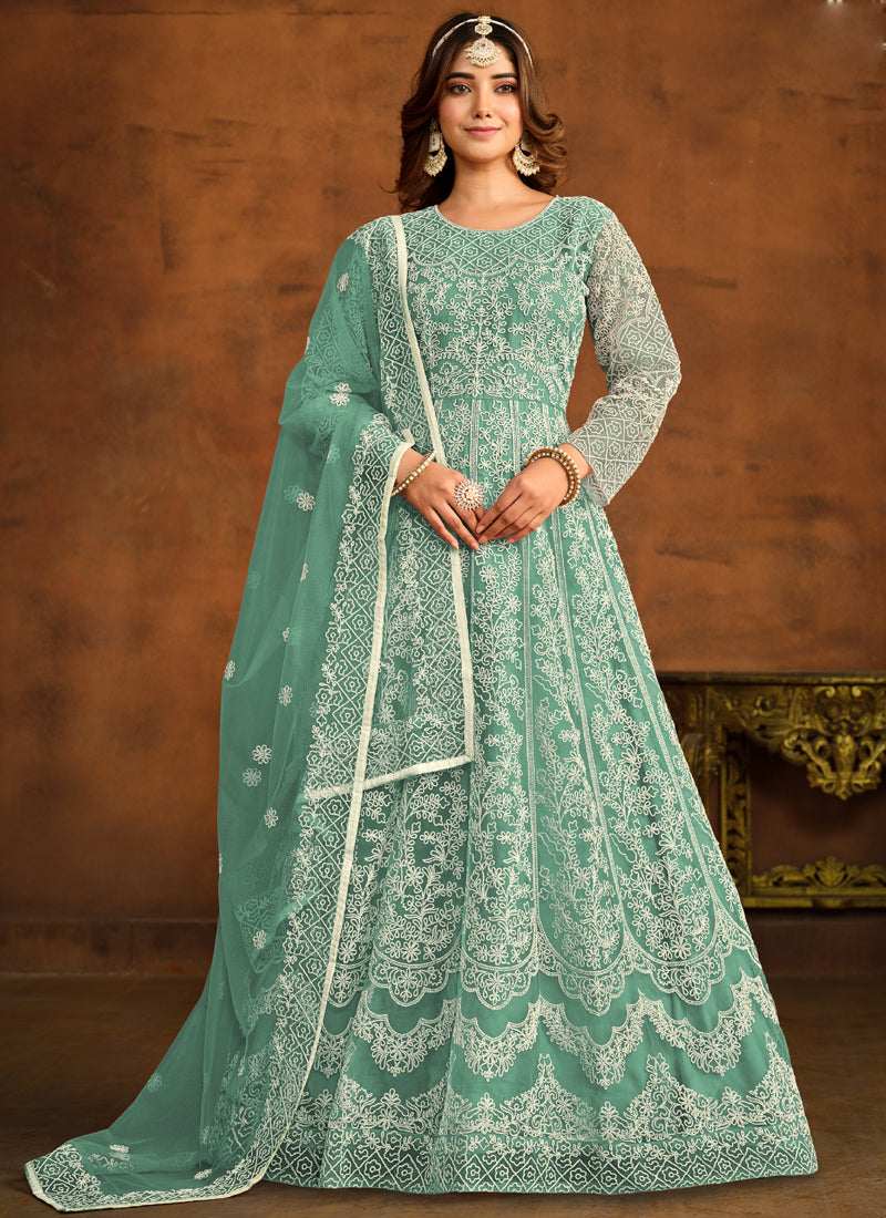 Bottel green net anarkali suit with detailed embroidery work