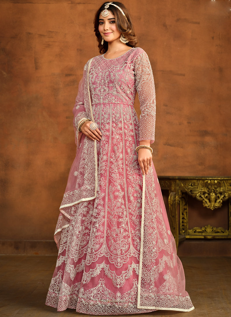 Pink Net Embroidered Anarkali Suit for Wedding Guest