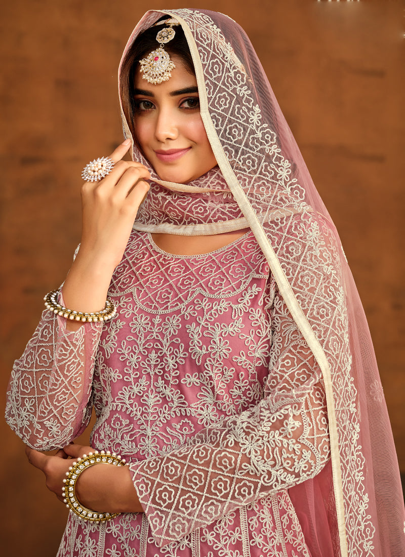 Pink Net Embroidered Anarkali Suit for Wedding Guest