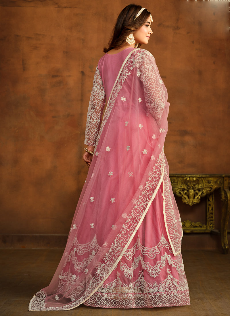 Pink Net Embroidered Anarkali Suit for Wedding Guest