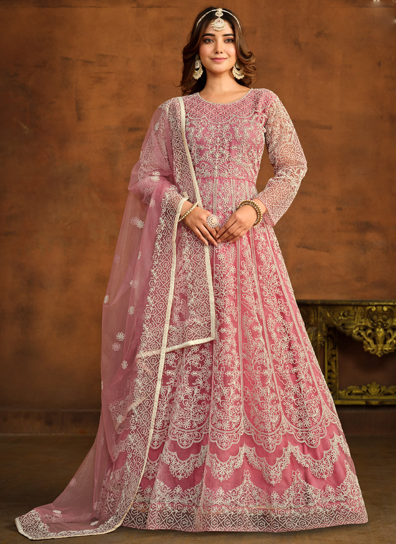 Pink Net embroidered Anarkali suit with flared design