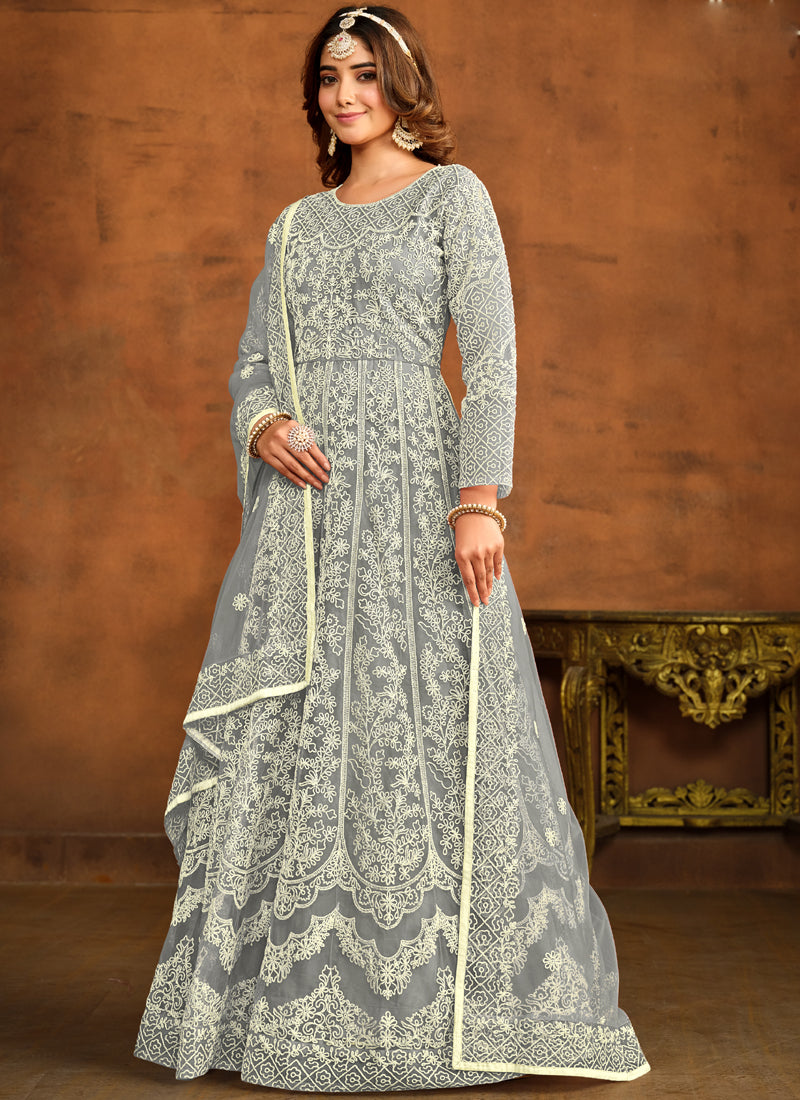 Grey Net Embroidery Anarkali Suit Set for Women