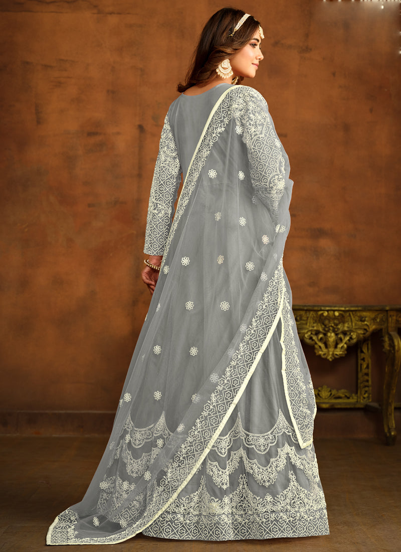 Grey Net Embroidery Anarkali Suit Set for Women
