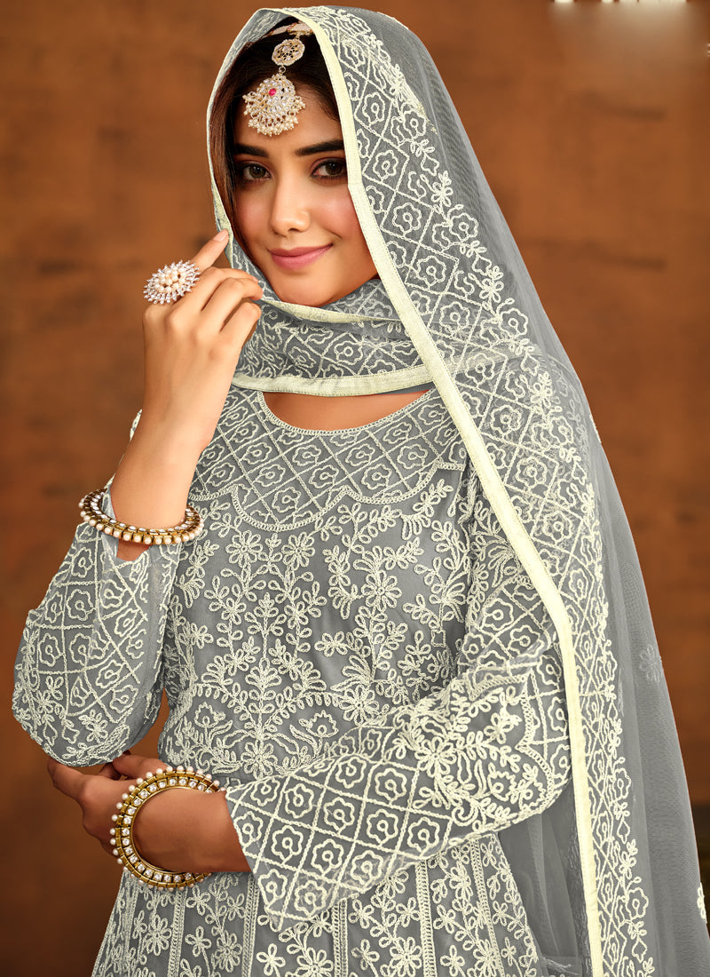 Grey Net Embroidery Anarkali Suit Set for Women