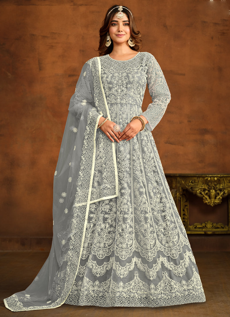 Elegant Grey Net Anarkali Suit with intricate embroidery and matching dupatta