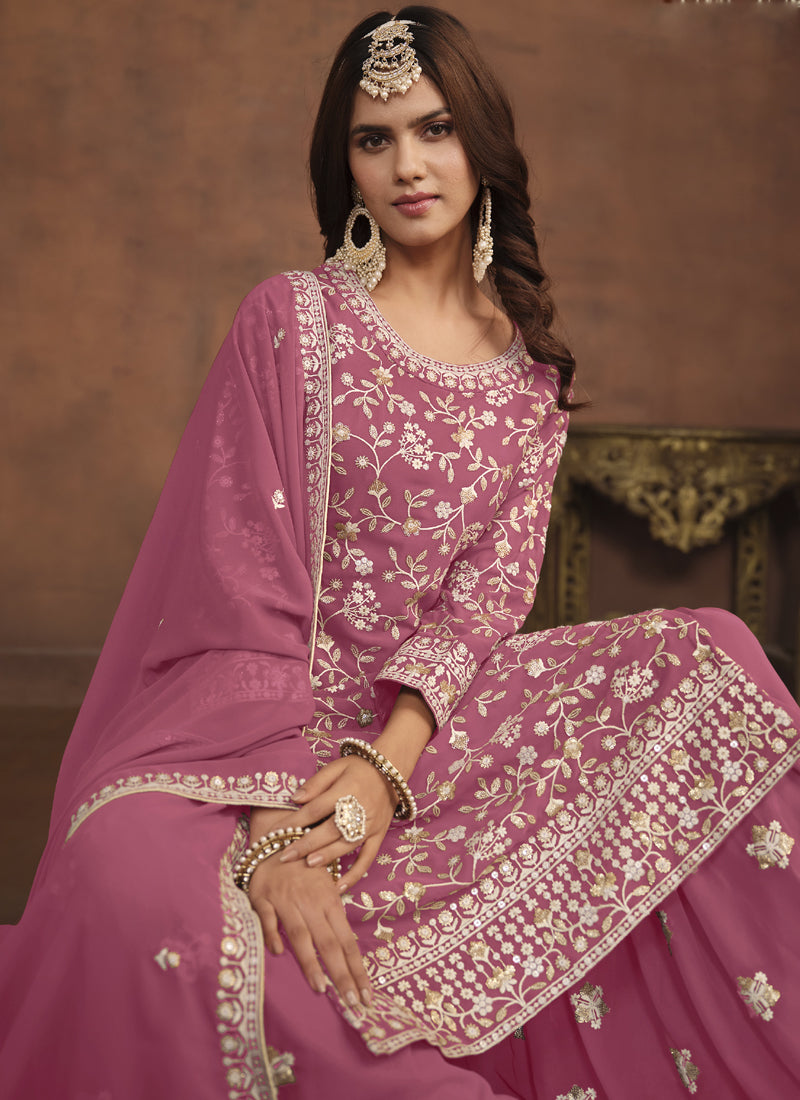 Pink Faux Georgette Straight Sharara Suit with Embroidery