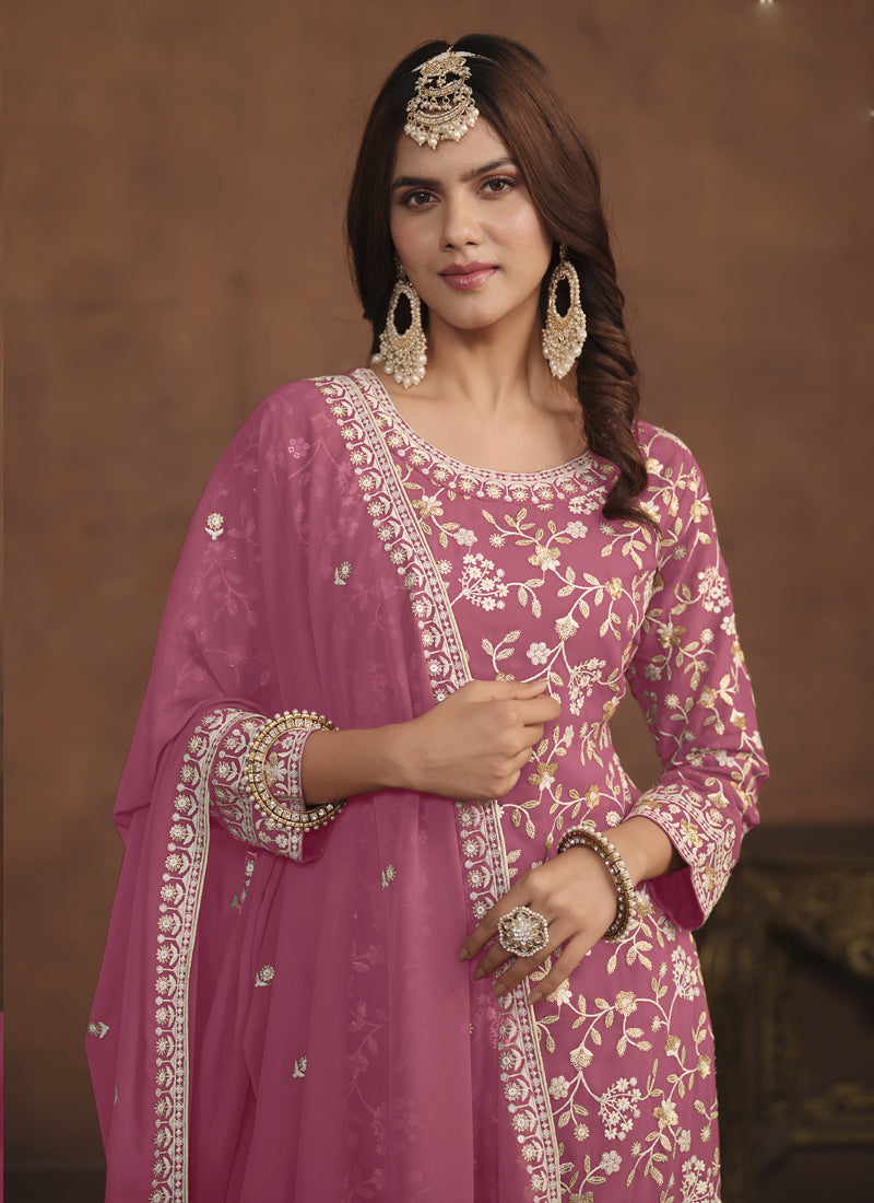 Pink Faux Georgette Straight Sharara Suit with Embroidery