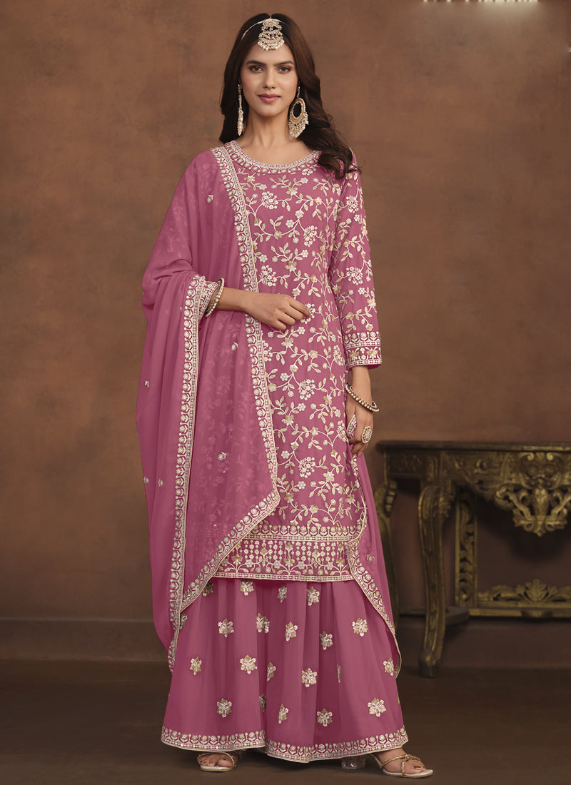 Pink faux georgette straight-fit sharara suit with embroidery