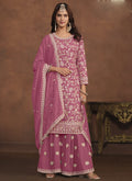 Pink faux georgette straight-fit sharara suit with embroidery