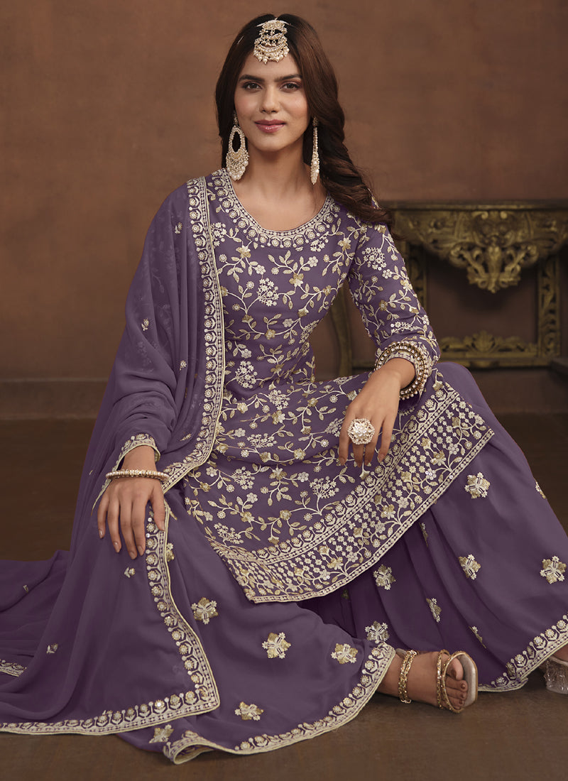 Lavender Faux Georgette Straight Sharara Suit with Embroidery