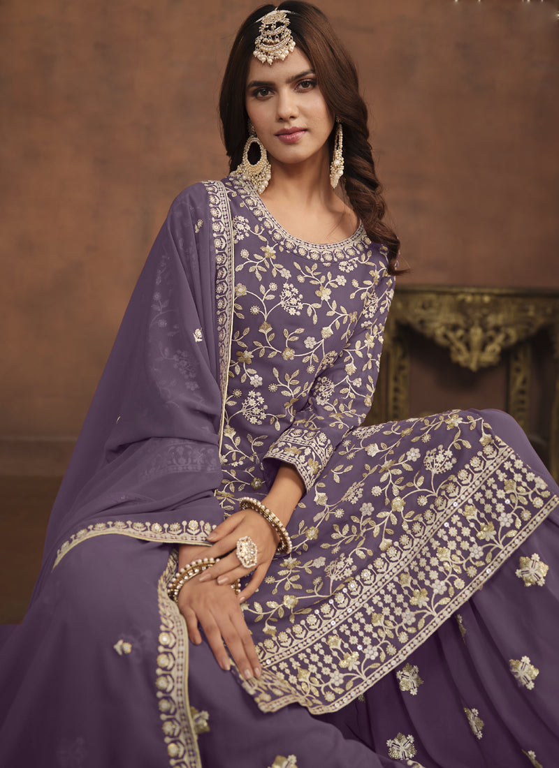Lavender Faux Georgette Straight Sharara Suit with Embroidery