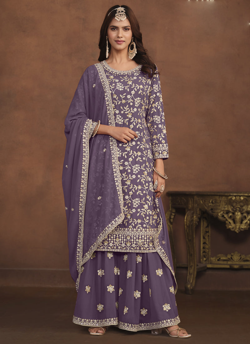 Lavender faux georgette straight-fit sharara suit with elegant embroidery