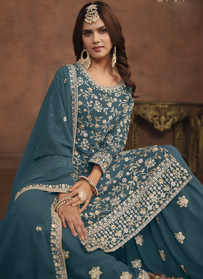 Dark Grey Faux Georgette Embroidered Sharara Suit Set