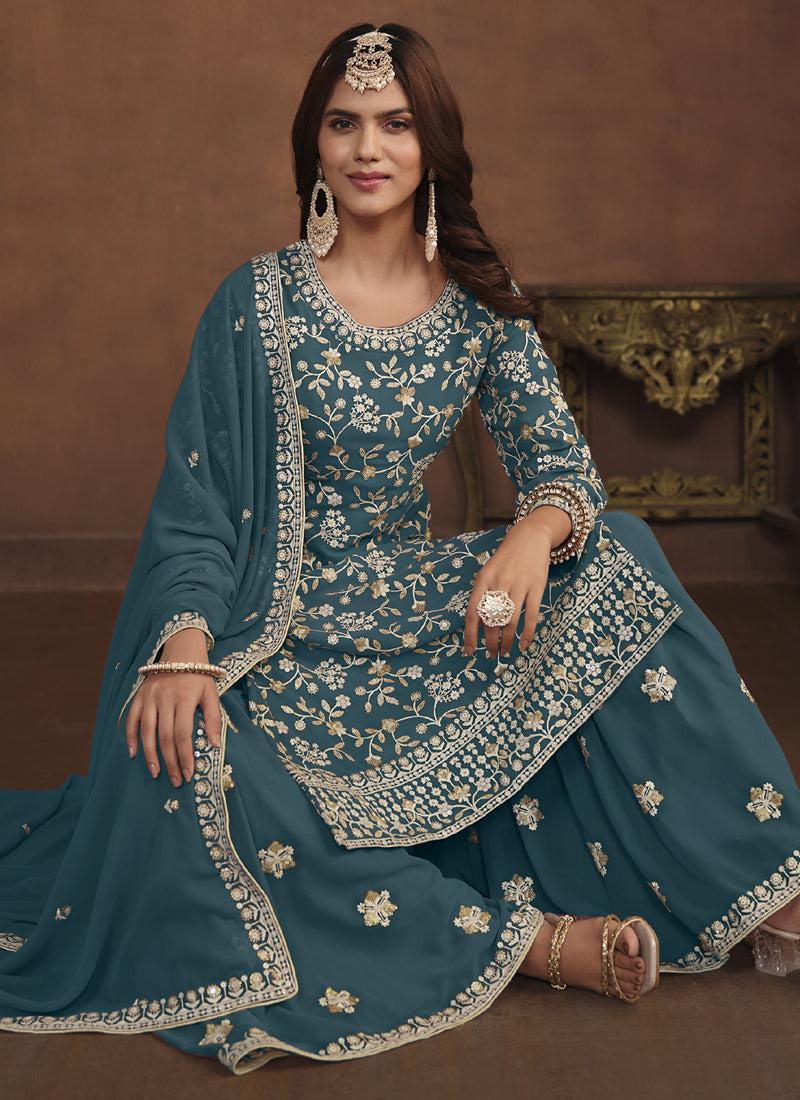 Dark Grey Faux Georgette Embroidered Sharara Suit Set