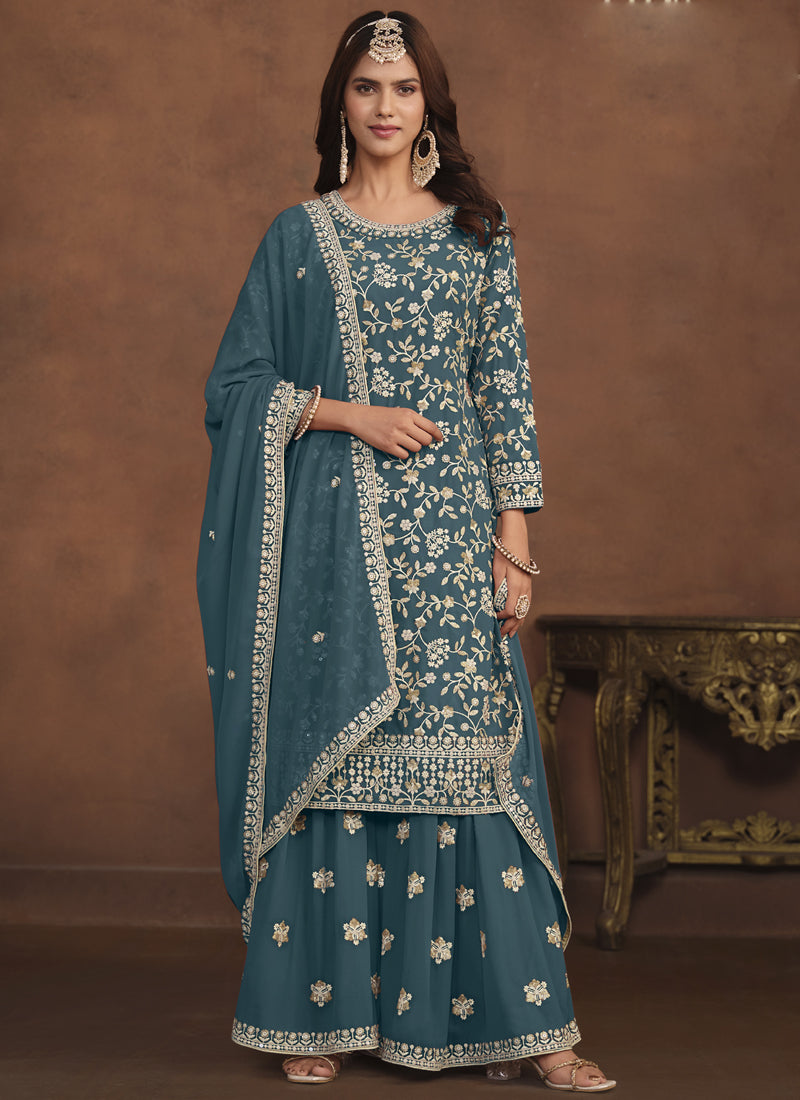 Dark Grey Faux Georgette embroidered sharara suit set