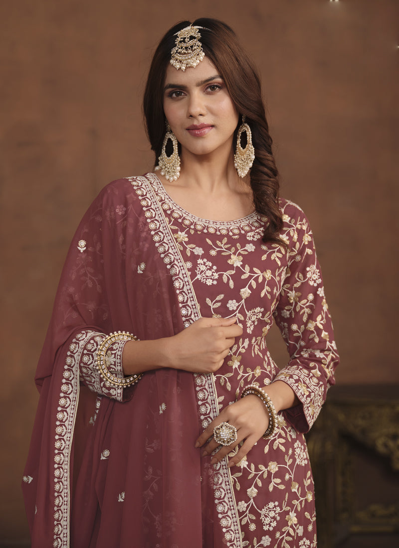 Vegaa Fashion Designer Brown Faux Georgette Embroidery Sharara Suit
